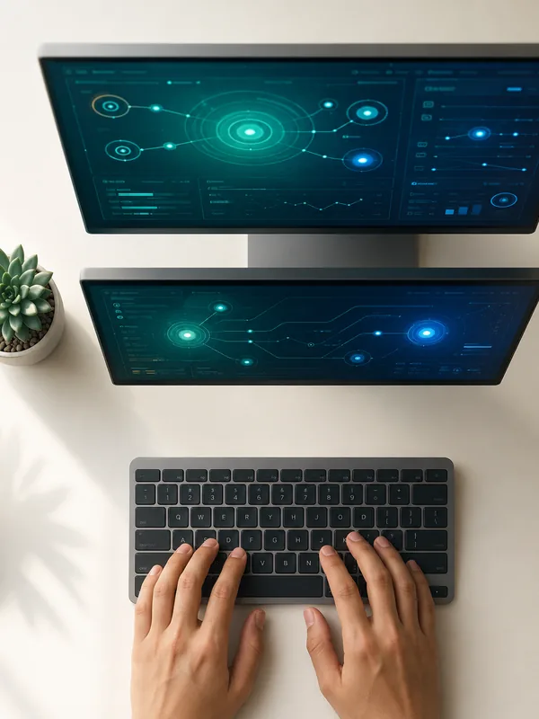 Abstract founder workspace atmosphere — system dashboards visible, representing Fluixo's hands-on operational approach