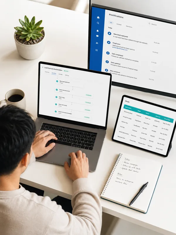 Founder at a bright minimal workspace, multiple active system panels visible — automation workflow, notification feed, and data table