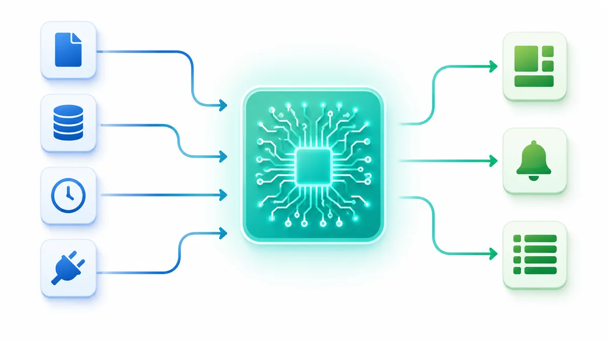 Data pipeline flow diagram showing AI transformation from sources through enrichment to outputs